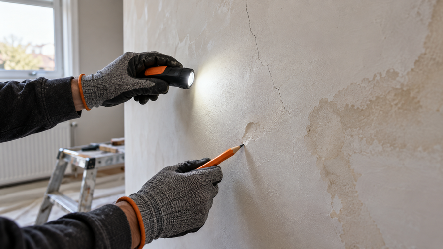 Plasterer inspecting a cracked and damp-marked interior wall before repair