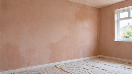 Illustration of freshly skimmed pink plaster drying in a naturally lit room