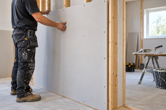 Plasterboard being installed on a supported frame before skimming