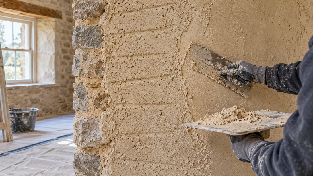 Illustration of internal lime plaster backing coats being applied to a stone wall