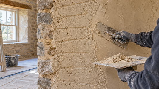 Illustration of internal lime plaster backing coats being applied to a stone wall