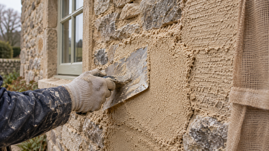 Illustration of a lime render base coat being applied to an exterior stone wall
