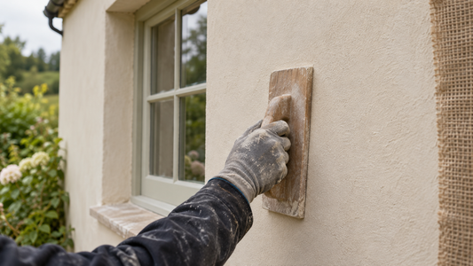Illustration of an exterior lime render finishing coat being worked with a wooden float