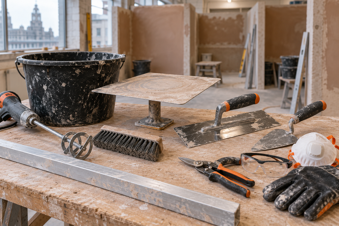 Essential plastering tools for beginners arranged in a UK training workshop