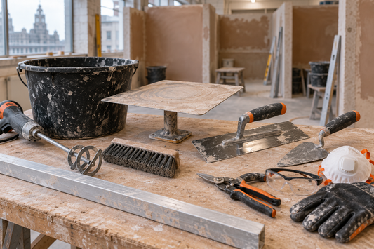 Essential plastering tools for beginners arranged in a UK training workshop