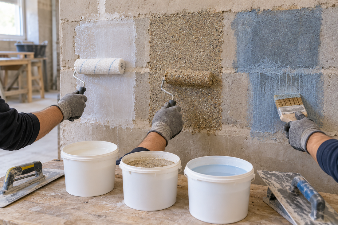 PVA, bonding grit and suction-control primer being compared on a masonry wall