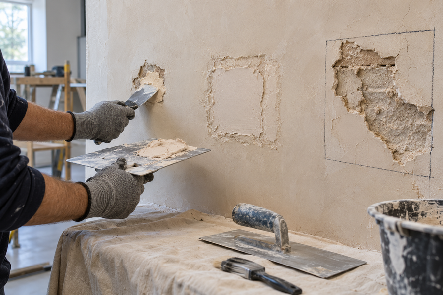 Small and deep plaster repairs being demonstrated on a training wall
